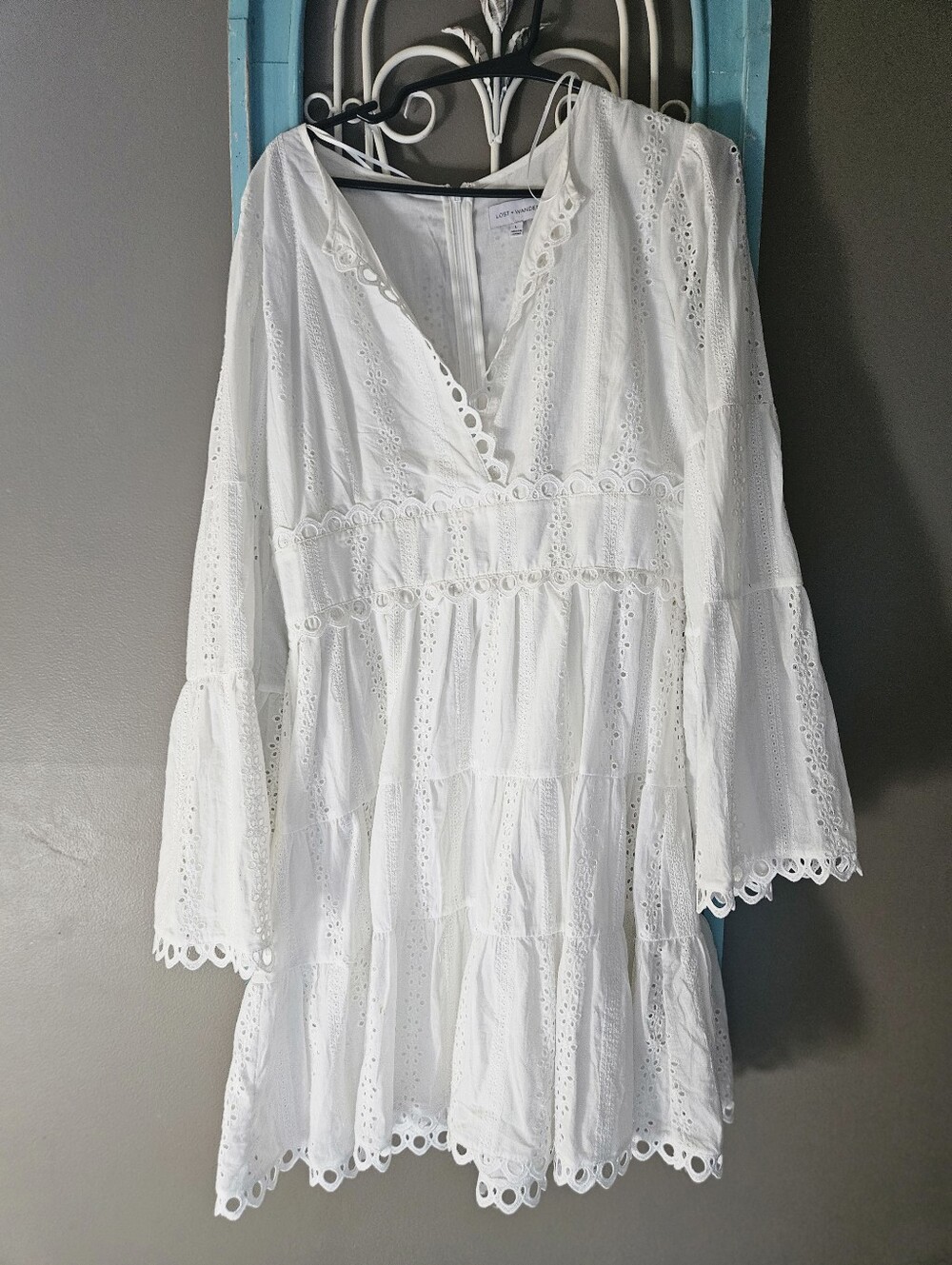 Lost + Wander White Eyelet V-Neck Tiered Mini Dress